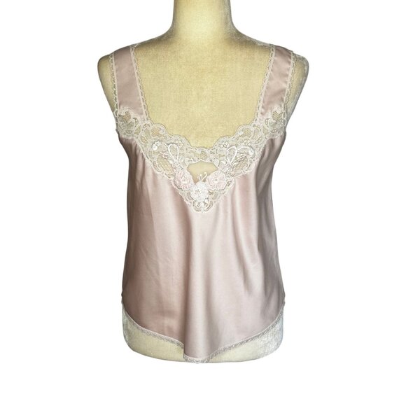 Tops - Vintage Pink Satin Camisole Top White Lace Trim Small Lingerie Whimsigoth